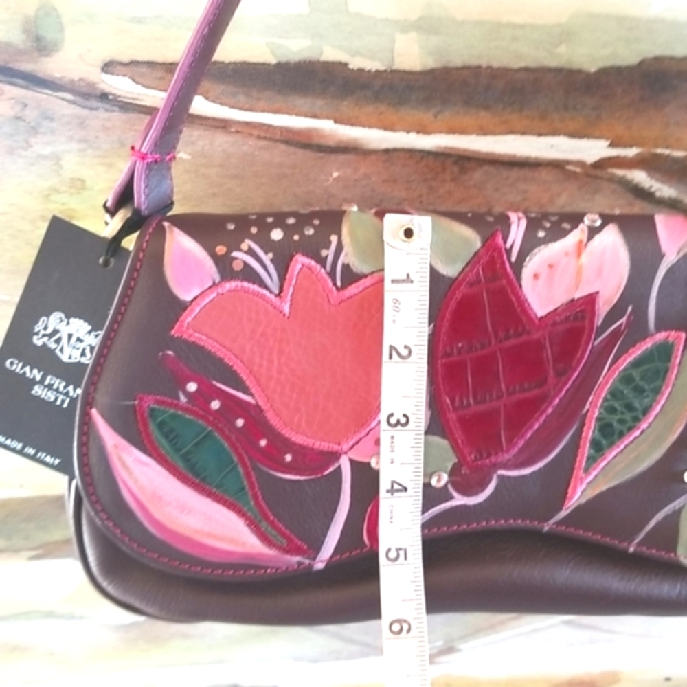ARTSY GIAN Franco SISTI Wine Floral Collage Appliques Leather Shoulder Bag NWT - Picture 13 of 13